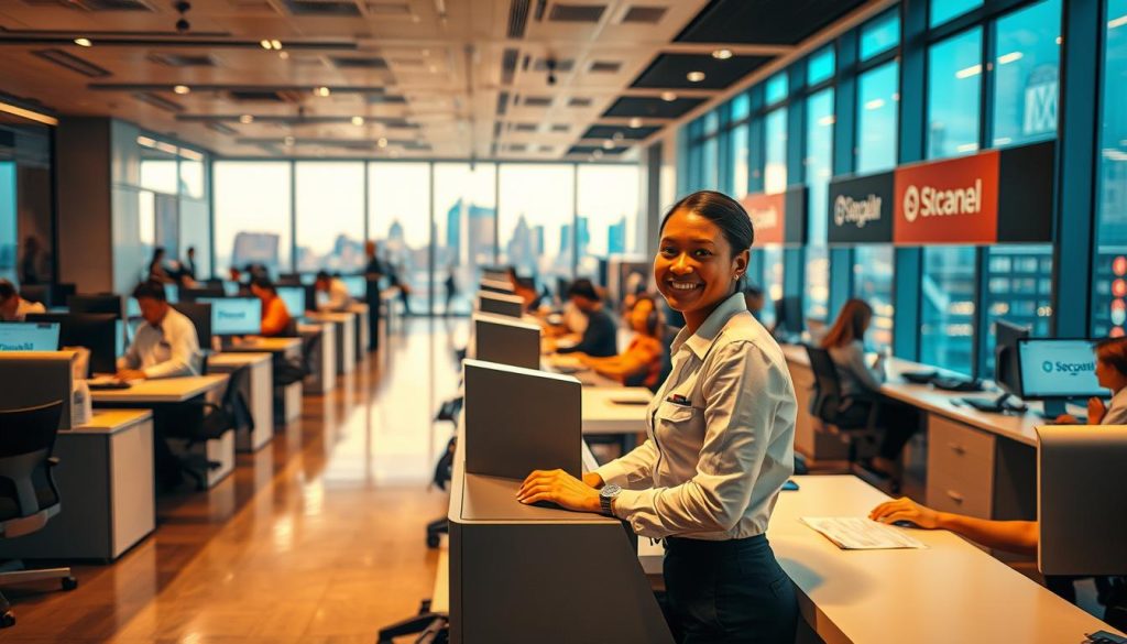 A bustling customer service center, bathed in warm, inviting lighting. In the foreground, a friendly customer service representative, wearing a crisp, professional uniform, is assisting a customer at a sleek, modern desk. Behind them, rows of workstations with attentive staff, all focused on providing exceptional service. The middle ground features a tasteful, minimalist decor, with subtle branding elements that convey a sense of reliability and trustworthiness. In the background, large windows offer a glimpse of a vibrant city skyline, highlighting the company's commitment to being a dependable partner for travelers. The overall atmosphere is one of efficiency, empathy, and a genuine dedication to meeting the needs of every customer.