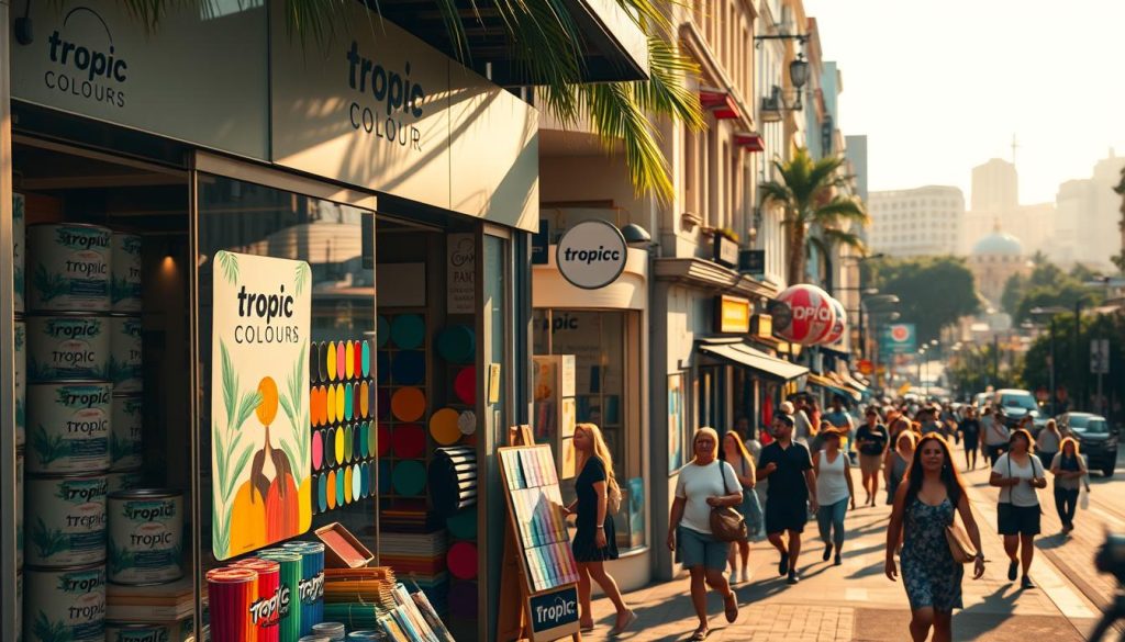 A bustling urban street lined with vibrant storefronts showcasing Tropic Colour's vibrant paint displays. High-angle view captures an assortment of paint cans, color swatches, and customers browsing the selection. Warm, natural lighting casts a golden glow, highlighting the rich hues of the products. In the foreground, a storefront window displays Tropic Colour's logo and branding prominently. Mid-ground features pedestrians and passersby, creating a lively, energetic atmosphere. Distant background shows a cityscape of architectural details and greenery, complementing the tropical aesthetic. The overall scene conveys a sense of discovery and inspiration for those seeking to bring Tropic Colour's vivid palette into their homes.