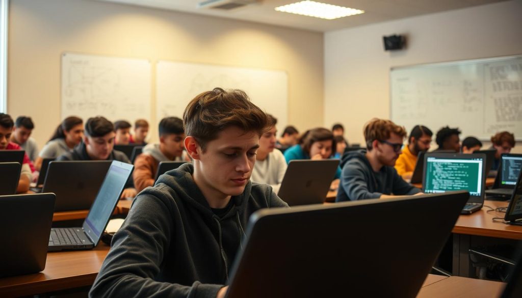 A classroom filled with focused students, hunched over their laptops, their fingers dancing across keyboards as they code. The room is bathed in a warm, soft light, creating a cozy, focused atmosphere. In the foreground, a student furrows their brow, deep in concentration, while their classmates discuss ideas, sharing screens and collaborating. The middle ground reveals a diverse group of students, their expressions ranging from determination to excitement, as they tackle coding challenges. In the background, a whiteboard displays intricate diagrams and pseudocode, testament to the depth of their programming knowledge. This scene captures the essence of students thriving in a stimulating, supportive environment, where they unlock their programming potential through hands-on learning and collective problem-solving.