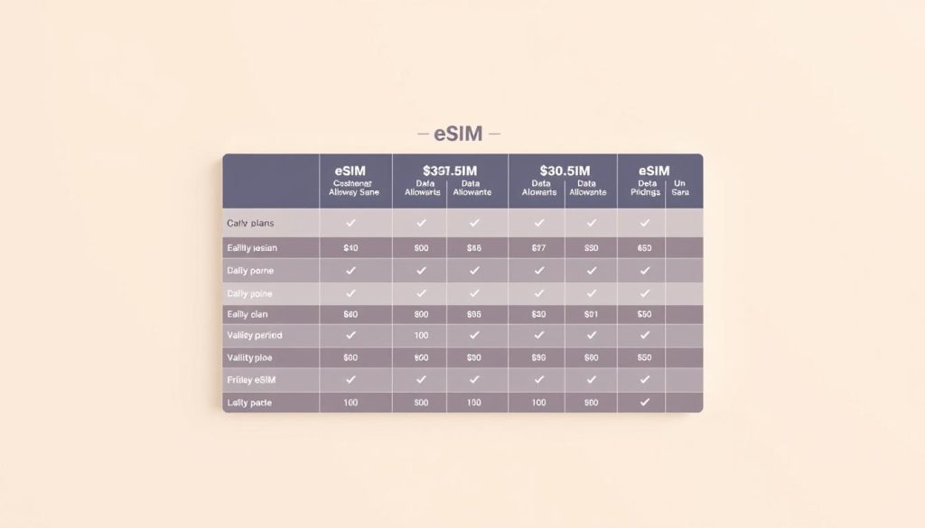 A clean, minimalist comparison table showcasing various eSIM plans and their pricing, set against a soft, muted background. The table should feature clear, legible columns displaying plan names, data allowances, validity periods, and pricing in a visually appealing format. Use a neutral color palette with light accents to create a modern, professional look that aligns with the "Saily eSIM" brand. Incorporate subtle grid lines and icons to enhance the overall design. Ensure the layout is well-structured and easy to comprehend at a glance, highlighting the key information potential customers would need to evaluate eSIM options.