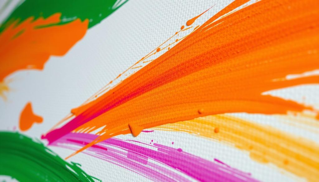 A close-up of high-quality paint brush strokes on a smooth, textured canvas. The paint appears thick and creamy, with vibrant, tropical colors like emerald green, sunset orange, and vibrant fuchsia. The brushwork is expressive, with visible, dynamic brush marks that convey a sense of artistic energy. The lighting is soft and diffused, creating an atmospheric, gallery-like ambiance. The canvas fills the frame, occupying the foreground, while the background is blurred and indistinct, allowing the focus to remain on the exquisite quality of the paint application.