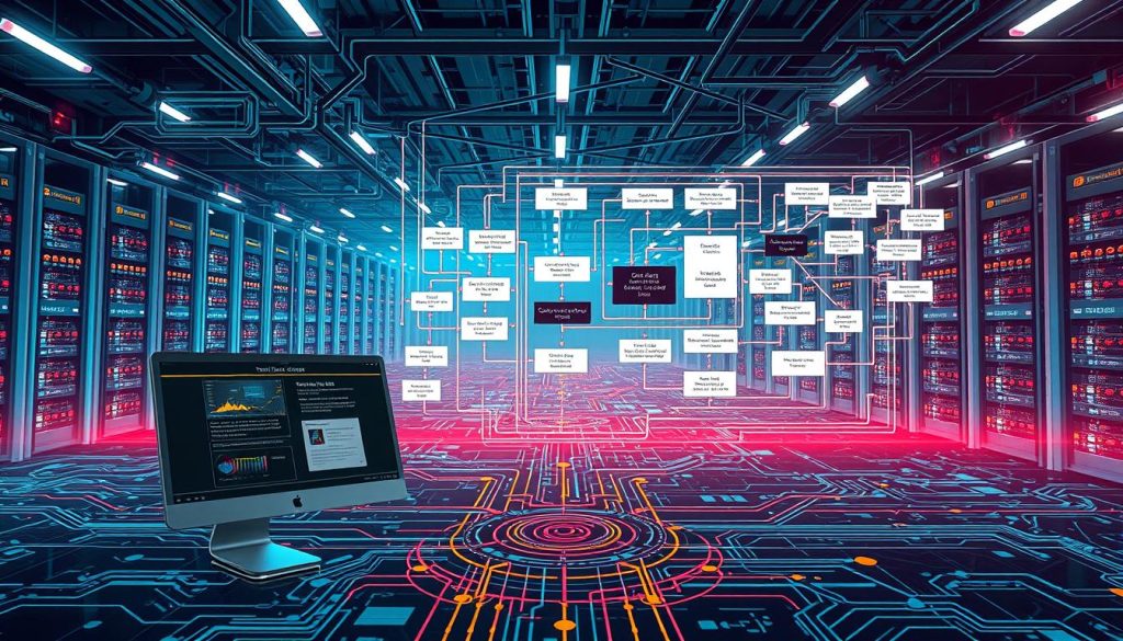 A complex digital landscape with a central schematic diagram depicting the technical SEO process. In the foreground, a sleek desktop computer with a minimalist interface displays the various stages of the optimization workflow. The middle ground features a network of interconnected nodes and lines, illustrating the intricate web of on-page, off-page, and technical factors that contribute to effective search engine optimization. In the background, a matrix of server racks and data centers, symbolizing the infrastructure that powers the modern internet. The overall atmosphere is one of precision, efficiency, and the seamless integration of technology and strategy.