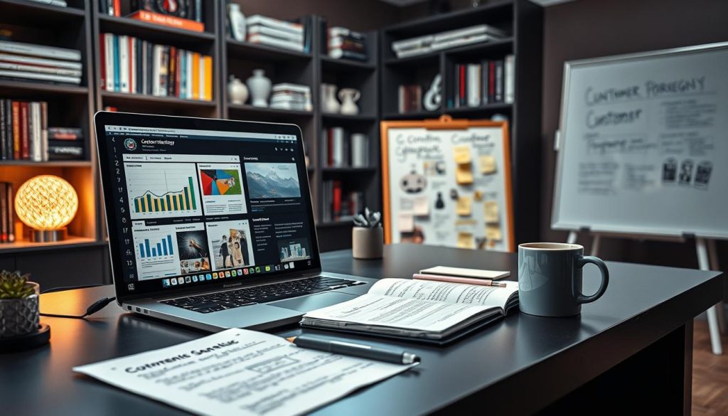 A content marketing strategy unfolds on a sleek, modern desk. In the foreground, a laptop displays analytics dashboards and social media content ideas. Beside it, a notepad with handwritten plans and a mug of coffee set the scene. The middle ground features a tactile tactile mood board with cut-out magazine clippings, sticky notes, and inspiring visuals. In the background, bookshelves overflow with marketing textbooks and a framed whiteboard outlines customer personas. Soft, directional lighting casts a contemplative glow, reflecting the careful, strategic process of developing an impactful content marketing approach.