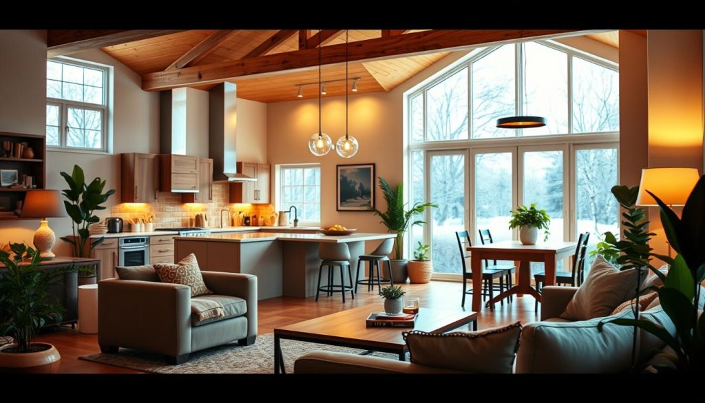 A cozy, well-designed home interior in a warm, inviting atmosphere. The foreground features a spacious living room with plush furniture, tasteful decor, and large windows that flood the space with natural light. The middle ground showcases a modern kitchen with sleek appliances, a central island, and pendant lighting. In the background, a serene dining area with a wooden table and chairs, accented by lush potted plants. The overall scene conveys a sense of comfort, harmony, and personal style, reflecting the real-life transformations of Homestyler users.