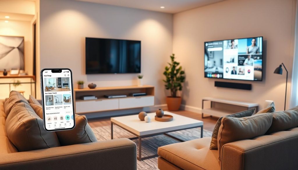 A cozy, well-designed living room with a seamless integration of devices and digital interfaces. The room features a modern, clean-lined sofa and a sleek, minimalist coffee table. On the wall, a large flat-screen TV is mounted, with a smartphone or tablet docked nearby, showcasing a home design app interface. Soft, ambient lighting creates a warm and inviting atmosphere, while discreet smart home controls and voice assistants are subtly integrated into the decor. The overall scene conveys a sense of harmonious, cross-platform functionality, where digital tools and physical spaces work together to enhance the home design experience.