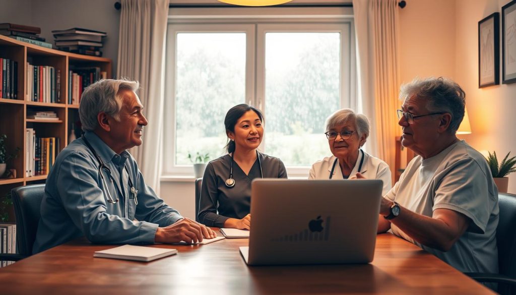 A cozy, well-lit home office setting. In the foreground, a group of healthcare professionals - a doctor, nurse, and physical therapist - sit around a table, engaged in a lively discussion. Warm lighting casts a soft glow, creating a welcoming atmosphere. The middle ground features a bookshelf filled with medical texts and a laptop displaying charts and graphs. In the background, a window overlooking a serene outdoor scene, with a gentle rain falling, adding to the contemplative mood. The professionals' expressions convey a sense of thoughtfulness and enthusiasm as they share their experiences with online continuing education.
