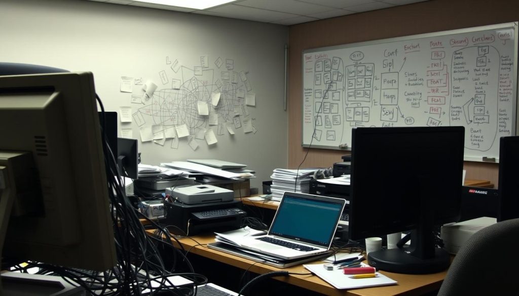 A crowded office environment with various technological limitations and constraints. In the foreground, a desktop computer with an outdated monitor and a tangled mess of cables. The middle ground features a disorganized desk with a laptop, a printer, and various office supplies, all struggling to coexist. In the background, a wall-mounted whiteboard displays a jumble of hastily scribbled notes and half-erased diagrams, symbolizing the challenges of coordinating workflow and ideas. Dim lighting and a subtle haze create a sense of frustration and inefficiency, underscoring the cons and limitations of the current work setup.