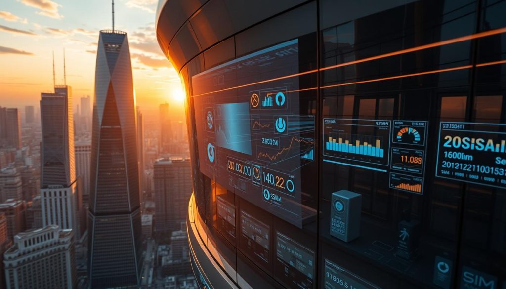 A detailed aerial shot of a modern city skyline at sunset, with a focus on a large, futuristic-looking building in the foreground. Inside the building, a high-tech control room is visible, with various data visualization screens and holographic displays showcasing real-time eSIMX data usage statistics. The room is bathed in a warm, amber glow from the setting sun, casting a soft, cinematic light over the scene. The overall atmosphere conveys a sense of innovation, connectivity, and technological advancement.