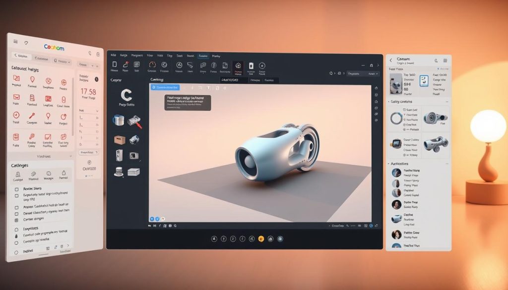 A detailed and dynamic user interface of the Coohom design software, showcasing its intuitive layout and powerful tools. The foreground features a sleek, modern dashboard with customizable panels, comprehensive menus, and intuitive controls. The middle ground presents a 3D modeling viewport, with a complex product design being manipulated through various perspective views and camera angles. The background subtly reveals a warm, minimalist workspace, bathed in soft, directional lighting that enhances the overall clarity and professionalism of the interface. The overall scene conveys a sense of streamlined efficiency, creative empowerment, and technological sophistication, ideal for showcasing Coohom's capabilities to a wide range of design professionals.