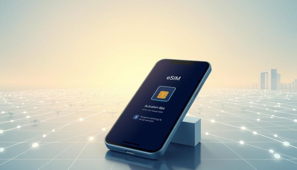 A detailed digital illustration of an eSIM data interface, showcasing a sleek and intuitive user experience. The foreground depicts a smartphone screen displaying an eSIM activation screen, with crisp graphics and a minimalist design. The middle ground features a network of interconnected nodes and data streams, representing the seamless connectivity enabled by eSIM technology. The background sets a serene, futuristic tone with a soft, gradient-based color scheme and subtle architectural elements. The overall scene conveys a sense of efficiency, innovation, and the transformative power of advanced eSIM solutions.
