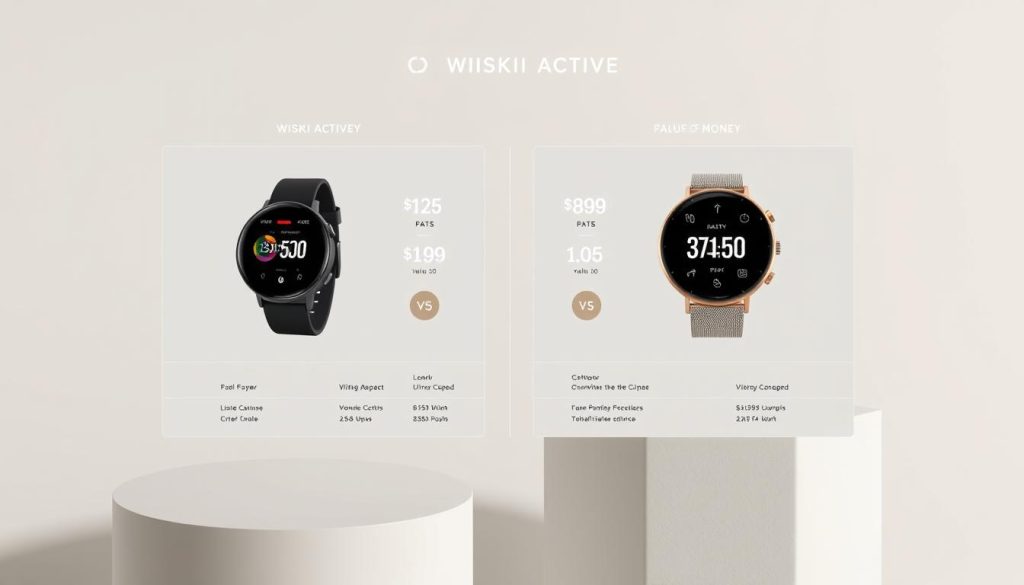 A detailed price point analysis of the WISKII ACTIVE fitness tracker, showcasing its value for money in a sleek and minimalist visualization. A clean, modern interface displays a side-by-side comparison of the product's features and pricing, set against a backdrop of a soft, muted color palette. The composition emphasizes balance and symmetry, with precise data visualizations and elegant typography complementing the overall sophisticated aesthetic. Subtle lighting and camera angles highlight the high-quality, premium look and feel of the WISKII ACTIVE, reinforcing its position as a compelling, value-driven option in the wearable tech market.