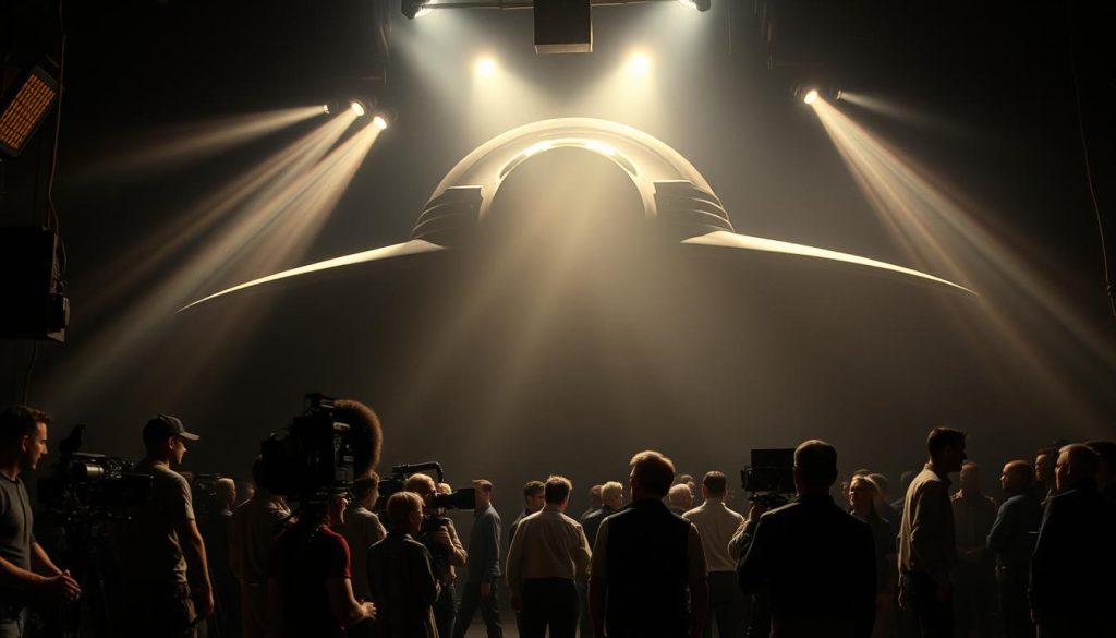 A dimly lit studio set, the hulking silhouette of the Forbidden Planet's iconic spacecraft looming in the background. In the foreground, a bustling crew of filmmakers, technicians, and actors, their faces illuminated by the soft glow of vintage camera equipment. Beams of light filter through the hazy atmosphere, casting dramatic shadows as they capture the magic behind the sci-fi classic. The air is thick with a sense of anticipation and creativity, as the team works in perfect harmony to bring the futuristic world to life. Meticulously detailed models, intricate set pieces, and state-of-the-art special effects come together to create a breathtaking vision of the past's imagined future.