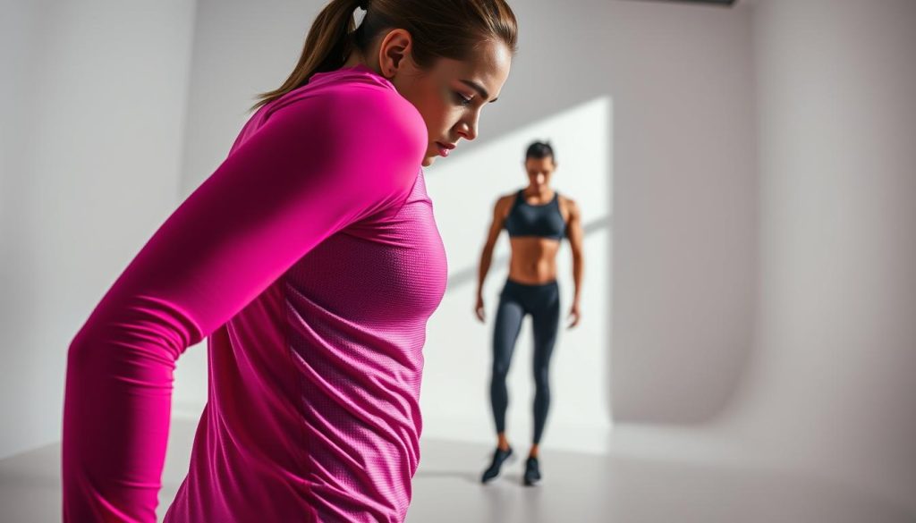 A dynamic and stylized product photography setup showcasing WISKII ACTIVE performance apparel. In the foreground, a well-lit, high-resolution image of a technical sports shirt or leggings in an eye-catching color palette, with subtle surface textures and material details visible. In the middle ground, the apparel is modeled by an athletic, fit human figure in a dynamic pose, conveying the garment's flexibility and breathability. The background features a clean, minimalist studio setting with soft, directional lighting, creating depth and emphasizing the product. The overall mood is sleek, modern, and aspirational, reflecting the premium quality and performance-focused design of the WISKII ACTIVE brand.