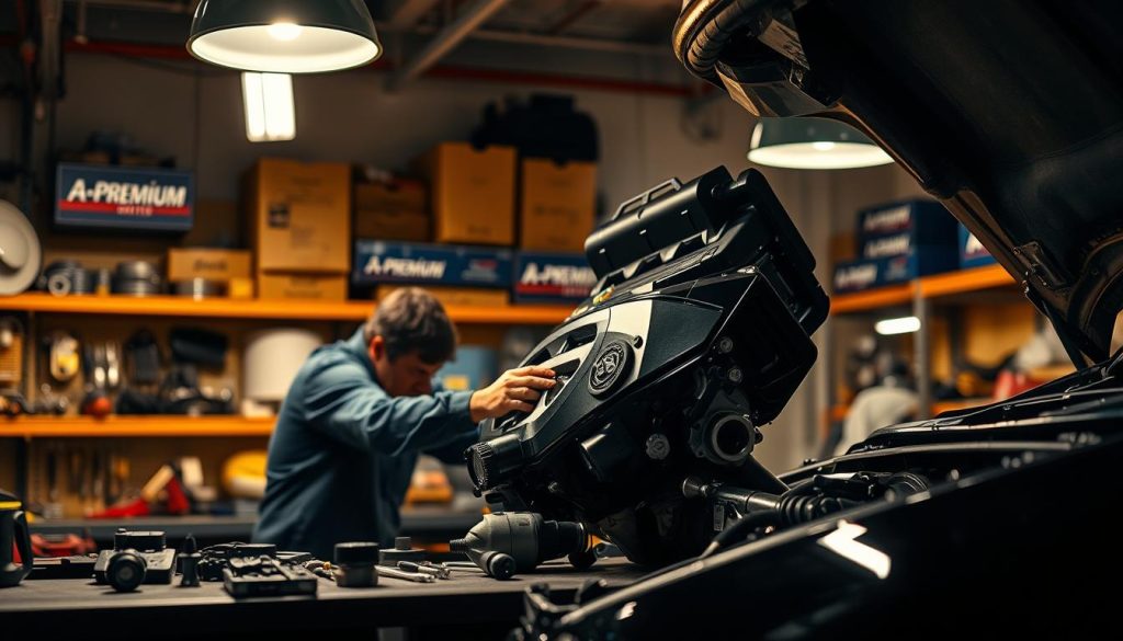 A garage interior with a well-lit workbench, professional mechanic's tools arranged neatly, and an A-Premium auto part being carefully installed on a vehicle's engine. Warm lighting from overhead lamps casts a focus on the detailed procedure, while the background showcases shelves of additional A-Premium parts and accessories. The scene conveys a sense of expertise, precision, and the thoughtful attention to detail required for a proper automotive repair or upgrade using high-quality replacement components.