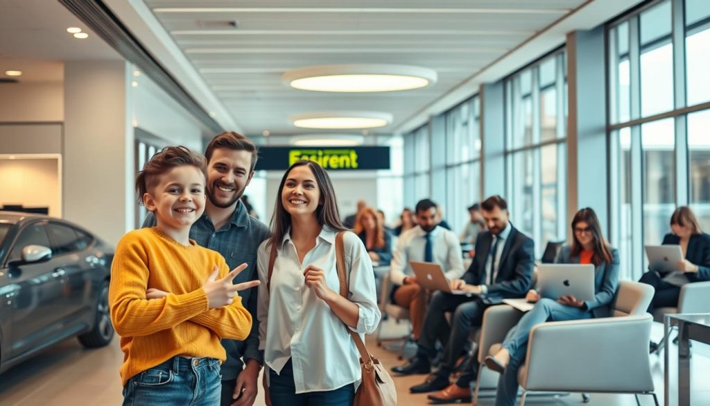 A group of happy, satisfied customers standing in a well-lit, modern car rental office lobby. In the foreground, a young family is smiling and gesturing excitedly as they discuss their rental details with a friendly, attentive employee. In the middle ground, a diverse group of business travelers are comfortably seated, working on laptops or chatting, conveying a sense of productivity and ease. The background features sleek, contemporary decor and floor-to-ceiling windows, providing a bright, airy atmosphere. Soft, diffused lighting from overhead fixtures creates a warm, welcoming ambiance. The overall scene reflects a seamless, customer-centric experience that aligns with the "Easirent" brand promise.