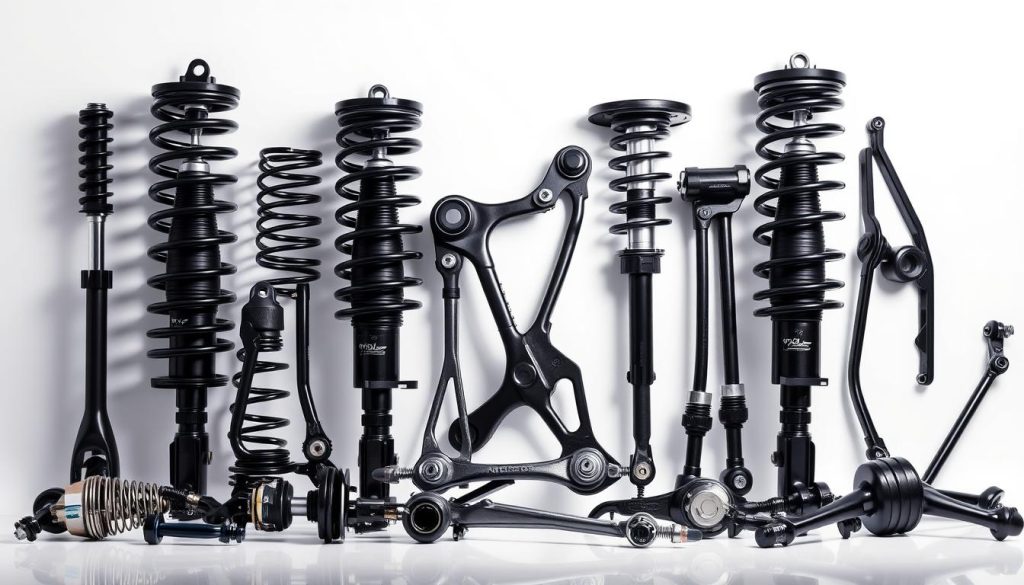 A high-quality photograph of a comprehensive set of automobile suspension components, including coil springs, shock absorbers, control arms, ball joints, and tie rods, all displayed against a clean, white background and lit with soft, diffused lighting to showcase their intricate details and engineering. The components are arranged in a visually pleasing, symmetrical composition, highlighting their functional relationships and the precision of their design. The overall mood is one of technical sophistication and engineering excellence, befitting the "Reliable A-Premium Auto Parts for Your Ride" article and the "Top A-Premium Suspension Components" section.