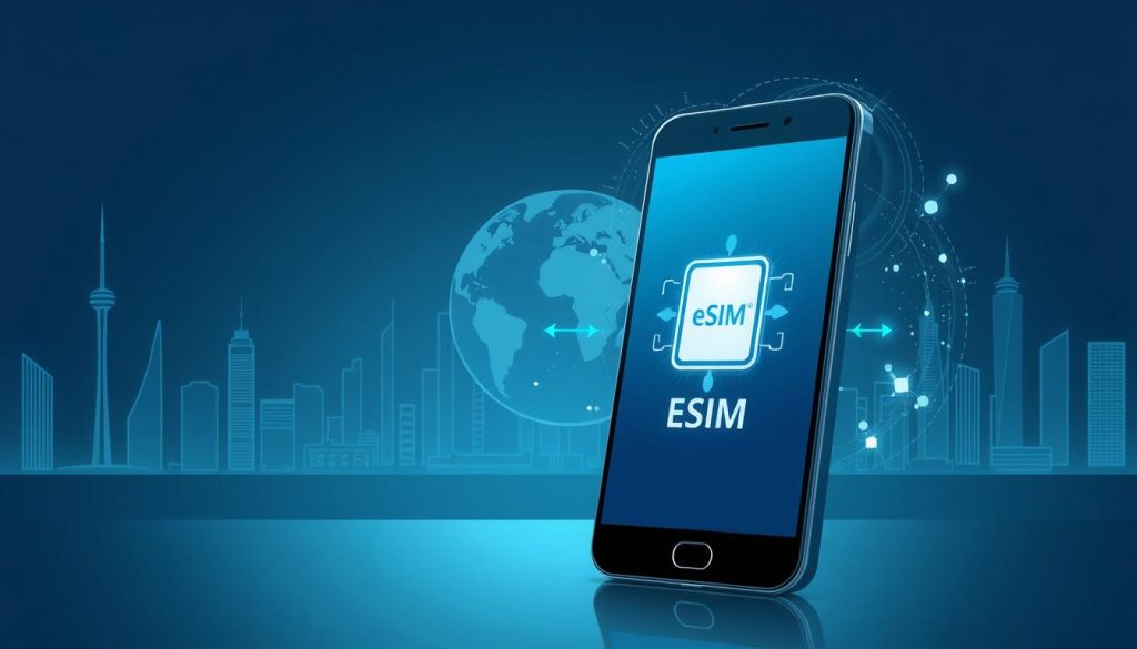 A high-resolution, detailed illustration of an eSIM connection. In the foreground, a smartphone representing a user's device, the screen displaying a prominent eSIM icon. Surrounding the phone, dynamic digital waves and data particles symbolize the seamless connectivity of the eSIM technology. In the middle ground, a globe or world map, subtly hinting at the global roaming capabilities of eSIM. The background features a minimalist, futuristic cityscape with skyscrapers and towers, conveying a sense of modernity and technological advancement. The overall scene is rendered in a cool, high-contrast color palette, with muted tones and clean lines to create a sleek, sophisticated aesthetic.