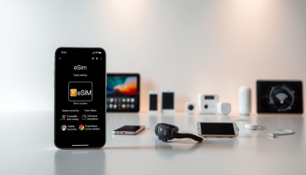 A high-resolution image comparing the features and capabilities of eSIM technology. The foreground depicts a modern smartphone with a detailed eSIM interface displayed on the screen, showcasing its key benefits like global connectivity, network flexibility, and instant activation. The middle ground features various eSIM-compatible devices such as tablets, smartwatches, and IoT gadgets, illustrating the versatility of the technology. The background is a clean, minimalist setting with subtle technical elements like circuit boards and wireless signal icons, conveying a sense of advanced, cutting-edge technology. The lighting is soft and uniform, creating a sleek, professional, and informative visual aesthetic.