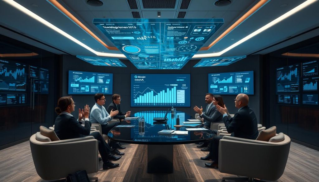 A high-tech boardroom filled with glowing displays showcasing Blaze AI's cutting-edge analytics and insights. Sleek, minimalist furniture in muted tones provides a sophisticated backdrop, while dynamic data visualizations and infographics floating above the table command attention. Soft, directional lighting casts an aura of professionalism and innovation, creating a sense of confidence and authority. Executives and industry leaders gesturing animatedly, engrossed in discussing Blaze AI's real-world case studies and success stories that have transformed their businesses.
