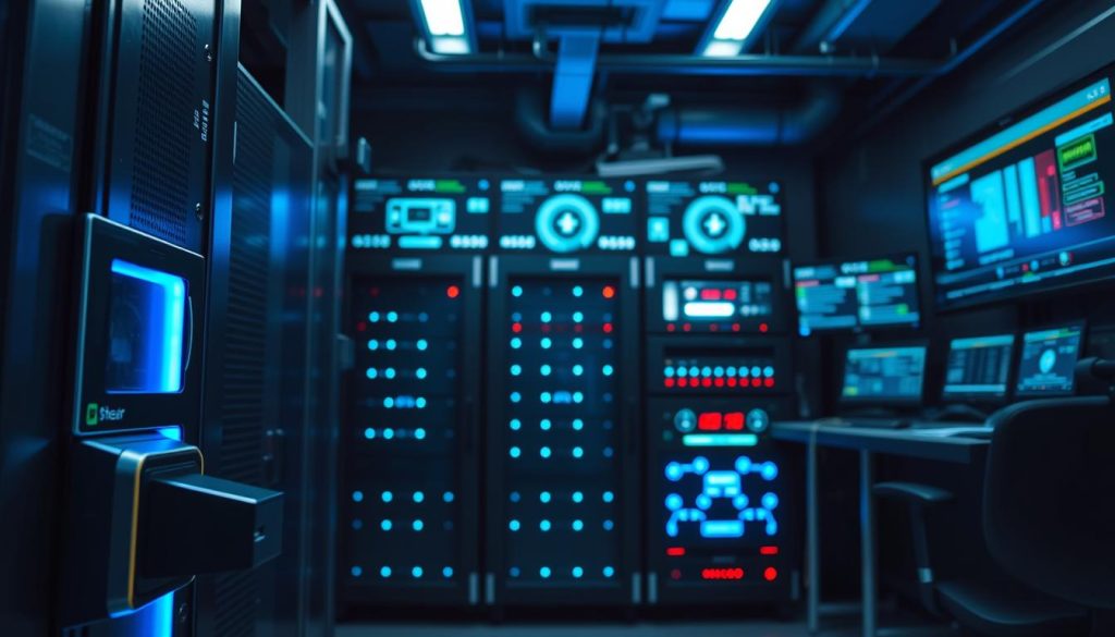 A high-tech data center, featuring an array of security systems. In the foreground, a biometric scanner and keypad guard the entrance, bathed in cool blue lighting. The middle ground showcases a rack of secure servers, their blinking status lights casting a soft glow. In the background, a sleek, modern control panel displays various threat detection and access control interfaces, all monitored by vigilant security personnel. The overall atmosphere conveys a sense of robust, cutting-edge protection for mission-critical digital assets.