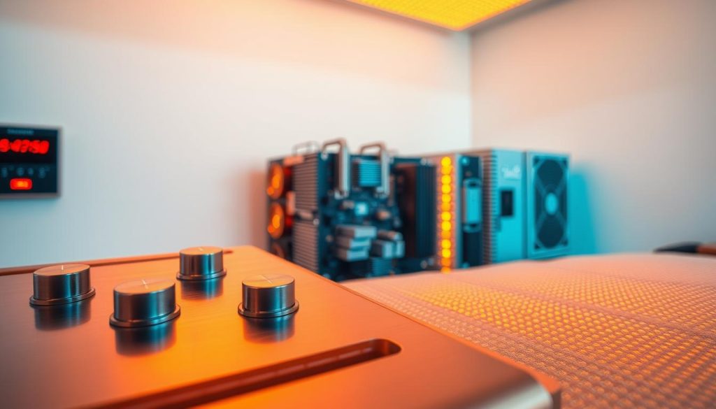 A highly detailed close-up view of the key infrared technology components that power Therasage's innovative wellness solutions. The foreground showcases a sleek, brushed metal control panel with knobs, buttons, and digital displays, illuminated by warm, amber-tinted lighting. In the middle ground, a complex array of circuit boards, heat sinks, and cooling systems are visible, hinting at the precise engineering required. The background depicts a clean, minimalist environment, emphasizing the technical sophistication of Therasage's infrared technology. The overall composition conveys a sense of precision, innovation, and the cutting-edge nature of this revolutionary wellness technology.