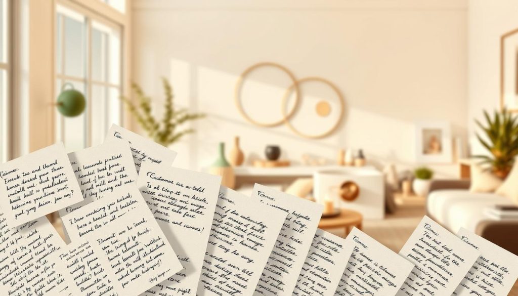 A highly detailed illustration of customer reviews for an online home decor store. The foreground depicts a collection of handwritten customer testimonials, each on a separate piece of paper, arranged in a dynamic, overlapping composition. The middle ground showcases a variety of home decor items, such as vases, candles, and small accessories, hinting at the product range. The background features a softly blurred, minimalist interior setting, with clean lines and neutral tones, creating a sense of serene elegance. The lighting is warm and natural, casting gentle shadows and highlights to accentuate the textures and materials. The overall mood is one of authenticity, reliability, and an inviting shopping experience.