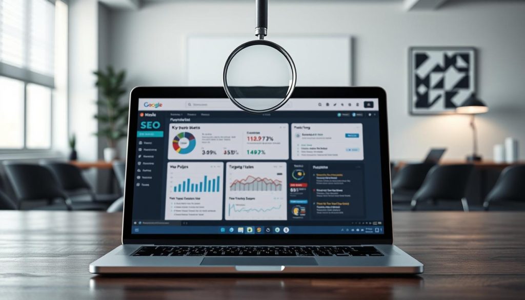 A meticulously crafted image showcasing Neil Patel's essential on-page SEO tactics. In the foreground, a sleek laptop displays a neatly organized dashboard with key SEO metrics and optimization tools. Hovering above it, a magnifying glass symbolizes the thorough analysis of web pages. In the middle ground, a stylized representation of a search engine results page, highlighting the importance of targeted keywords and meta tags. In the background, a serene office setting with minimalist decor, conveying a sense of focus and productivity. The overall mood is one of professionalism and strategic refinement, inviting the viewer to explore the intricacies of effective on-page SEO.