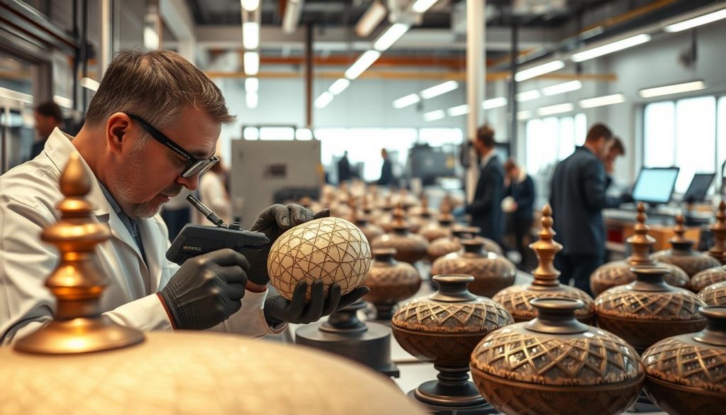 A meticulously crafted product quality assessment scene. In the foreground, a professional inspector examines a high-end home decor item with intense scrutiny, using specialized tools to thoroughly inspect every detail. The middle ground showcases an array of similar products, each undergoing a rigorous quality control process. The background features a well-organized, state-of-the-art quality assurance laboratory, with technicians diligently monitoring various testing equipment. Warm, directional lighting casts subtle shadows, highlighting the precision and care taken in this comprehensive evaluation. The overall atmosphere conveys a sense of meticulous attention to detail, ensuring only the finest quality goods reach the discerning customers.