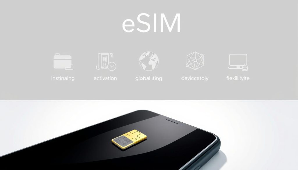 A modern, minimalist illustration depicting the key benefits of eSIM technology. In the foreground, a sleek, high-contrast smartphone subtly showcases an eSIM chip, its surface reflecting the soft, directional lighting. The middle ground features a series of simple, yet impactful icons or infographic elements highlighting eSIM advantages such as instant activation, global connectivity, and device flexibility. The background is a clean, gradient-based environment, allowing the focal points to stand out prominently. The overall composition and color palette convey a sense of sophistication, efficiency, and the transformative power of this innovative technology.