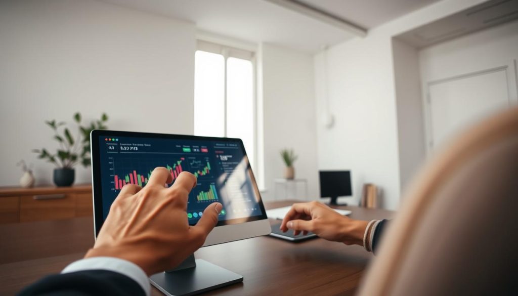 A modern, minimalist office scene showcasing a user's interactions with an AI-powered investment app on a sleek desktop computer. The foreground features a person's hands navigating the app's intuitive interface, which displays colorful charts, graphs, and financial data. The middle ground depicts the user's face, conveyed through a subtle reflection on the device's screen, expressing a sense of focus and confidence. The background environment is a serene, well-lit workspace with clean lines, neutral tones, and subtle decorative elements that complement the overall aesthetic. The lighting is soft and diffused, creating a calm, professional atmosphere. The camera angle is slightly elevated, providing an immersive, bird's-eye view of the user's experience.