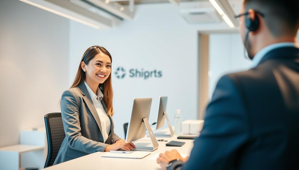 A modern office setting with a professional customer service representative assisting a customer. The foreground features an empathetic, approachable-looking customer service agent in business attire, smiling and interacting with a customer at a desk or service counter. The middle ground showcases a well-lit, minimalist workspace with sleek technology and equipment. The background depicts a minimalist, contemporary office environment with clean lines, neutral colors, and subtle branding elements, conveying a sense of efficiency and reliability. The lighting is soft and natural, creating a warm, inviting atmosphere. The overall scene aims to convey a positive, helpful customer support experience.