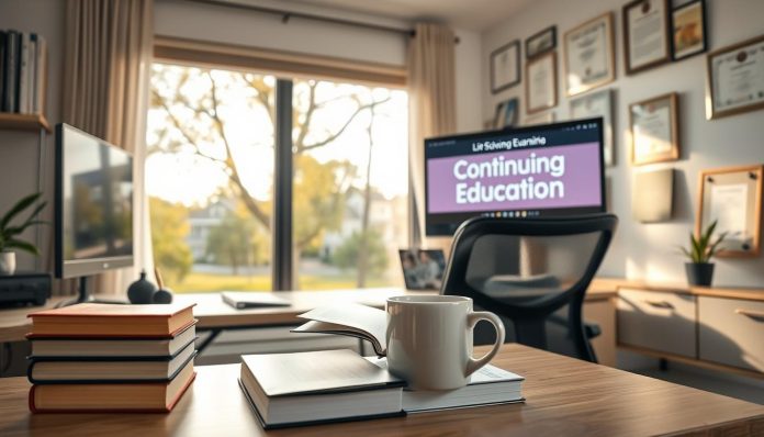 A modern, well-equipped home office with an ergonomic desk, comfortable chair, and a large monitor displaying an online continuing education course. In the foreground, a stack of books and a steaming mug of coffee, symbolizing the dedication to lifelong learning. The middle ground features a window overlooking a serene, tree-lined suburban neighborhood, bathed in warm, natural lighting. The background showcases various medical and healthcare-related certificates and diplomas, reflecting the professional development and expertise of the individual. The overall mood is one of focused productivity, personal growth, and a commitment to staying current in the ever-evolving healthcare industry.
