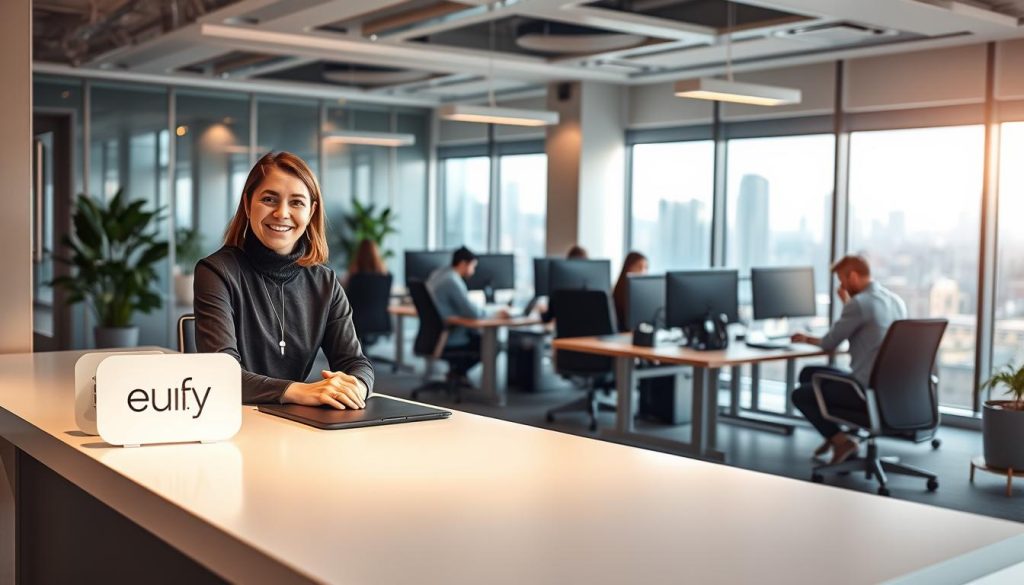 A modern, well-lit customer service office with a warm, inviting atmosphere. In the foreground, a friendly Eufy customer service representative sits at a sleek, minimalist desk, ready to assist a customer. The desk is adorned with the Eufy logo and a pair of Eufy smart home devices, subtly showcasing the brand. The middle ground features a team of Eufy support staff collaborating at workstations, creating a sense of a dedicated and efficient customer experience. In the background, large windows provide natural lighting and offer a glimpse of a bustling city skyline, reflecting Eufy's global reach and commitment to its customers. The overall scene conveys professionalism, attention to detail, and a dedication to providing an exceptional Eufy customer experience.