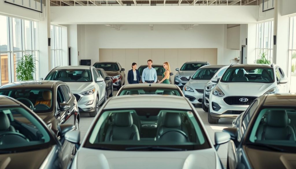 A modern, well-lit showroom showcasing a range of sleek, mid-sized rental cars in the foreground. The cars are arranged in an inviting, easy-to-browse layout, with their interiors and features prominently displayed. In the middle ground, helpful staff assist customers, guiding them through the rental process with friendly, attentive service. The background features a clean, minimalist design with large windows, allowing natural light to flood the space and create a warm, welcoming atmosphere. The overall scene conveys a sense of professionalism, reliability, and a commitment to providing a seamless, hassle-free car rental experience for US travelers.