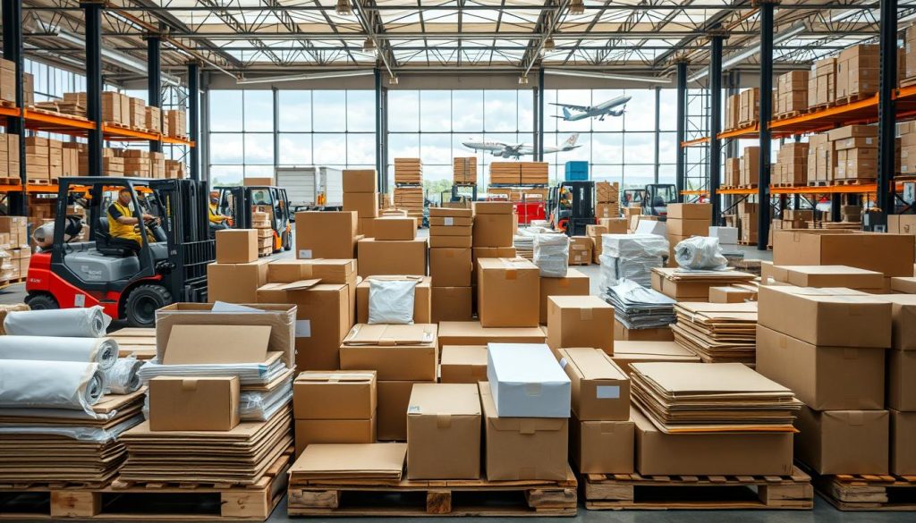 A modern, well-lit warehouse interior, featuring various shipping methods arranged neatly on wooden pallets. In the foreground, a close-up view of different cardboard boxes, envelopes, and padded mailers, showcasing different sizes and shapes. The middle ground displays forklifts, conveyor belts, and shelving units, hinting at the efficient logistics behind the shipping process. In the background, large delivery trucks and cargo planes can be seen through the windows, suggesting the scale and reach of the shipping operation. The overall scene conveys a sense of organization, attention to detail, and a focus on providing reliable and affordable shipping solutions.