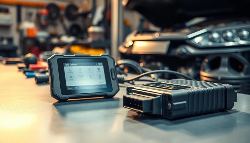 A neatly organized workbench, with an OBDeleven diagnostic tool and a car's electronic control unit (ECU) laid out on the surface. Warm studio lighting illuminates the scene, casting subtle shadows and highlighting the intricate details of the diagnostic hardware. In the background, a blurred view of various car parts and tools, suggesting a well-equipped garage or workshop. The composition emphasizes the troubleshooting process, with the OBDeleven device and ECU positioned as the focal points, conveying a sense of technical expertise and problem-solving.