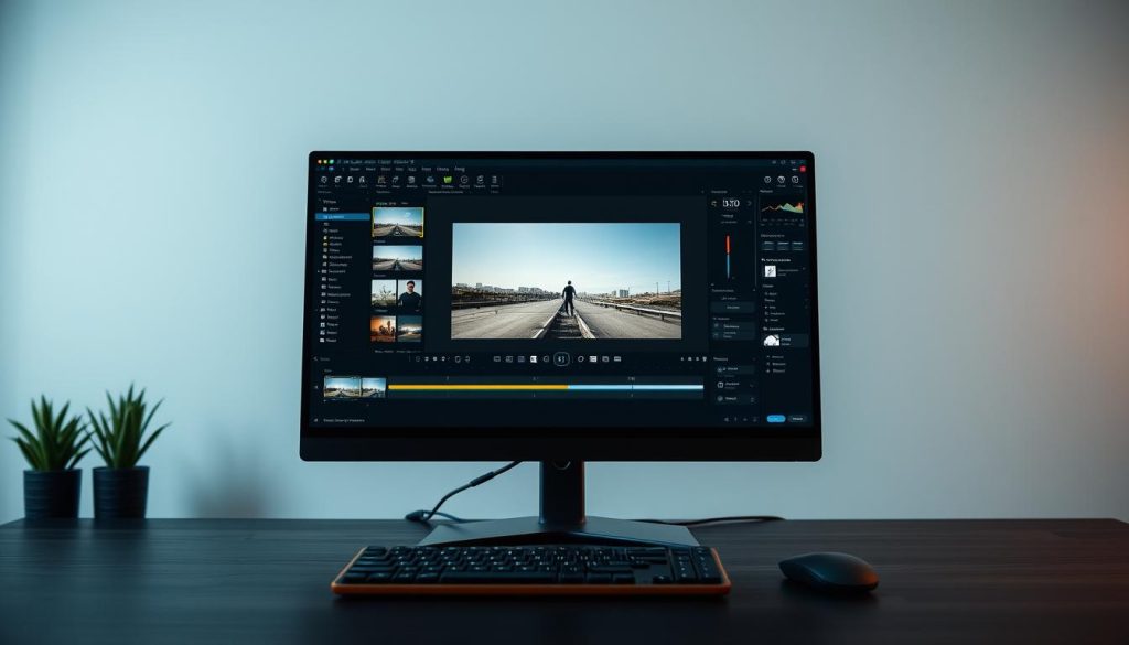 A professional photo editing software interface, set against a clean, minimal backdrop. The application window is displayed in the foreground, showcasing a sophisticated layout with various tool palettes, adjustment sliders, and a large central preview panel. Subtle lighting illuminates the screen, creating a sense of depth and clarity. The application's UI is sleek, modern, and intuitive, with intuitive icons and well-organized menus. In the middle ground, a keyboard and mouse are visible, suggesting the interactive nature of the software. The background features a blurred, out-of-focus environment, keeping the focus on the central editing interface. The overall mood is one of efficiency, precision, and a seamless digital creative workflow.
