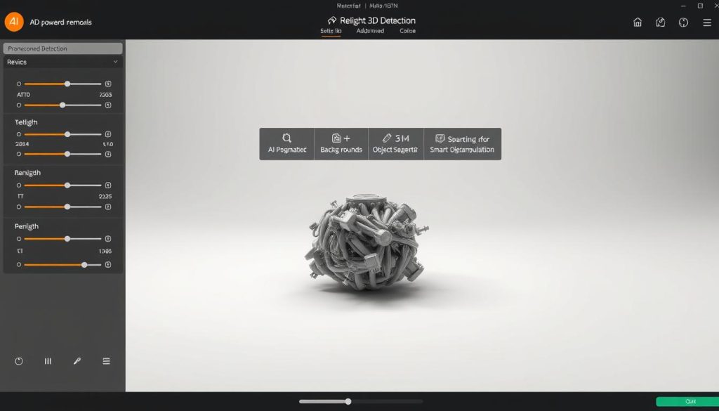A professional photo editing software interface with a central focus on a Relight AI and 3D Detection tools. In the foreground, a detailed 3D model of a complex object is displayed, showcasing the advanced detection capabilities. Surrounding the model, various adjustment sliders, buttons, and controls allow the user to fine-tune the lighting, shadows, and depth perception. In the middle ground, a toolbar with specialized AI-powered enhancements is visible, including options for automated background removal, object segmentation, and smart object manipulation. The background depicts a clean, minimalist workspace with subtle gradients and muted colors, emphasizing the software's intuitive and modern design.