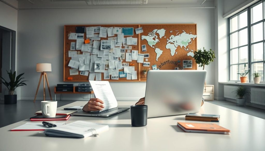 A professional, well-lit studio photograph of an expert blogger conducting an outreach campaign. In the foreground, the blogger is composing an email on a laptop, surrounded by notepads, pens, and strategically placed items like business cards and a mug of coffee. The middle ground features a corkboard covered in printouts, sticky notes, and a map of the web, representing the interconnected nature of the blogger's outreach tactics. The background showcases a clean, minimalist office setting with large windows, allowing natural light to flood the scene and create a sense of openness and productivity. The overall mood is one of focus, organization, and a strategic approach to guest posting and outreach.