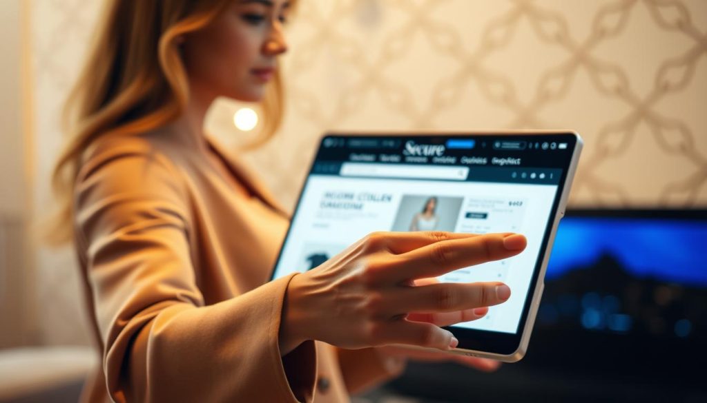 A secure online shopping experience, featuring a stylishly dressed woman browsing a sleek, minimalist e-commerce website on a high-resolution display. The scene is bathed in warm, soft lighting, creating a cozy, inviting atmosphere. In the foreground, a close-up view of the woman's hands expertly navigating the website, showcasing seamless user interaction. In the middle ground, the website interface displays a product page with clean, elegant typography and design. In the background, a subtle pattern or texture evokes a sense of professionalism and trust, conveying the security and reliability of the online shopping platform.