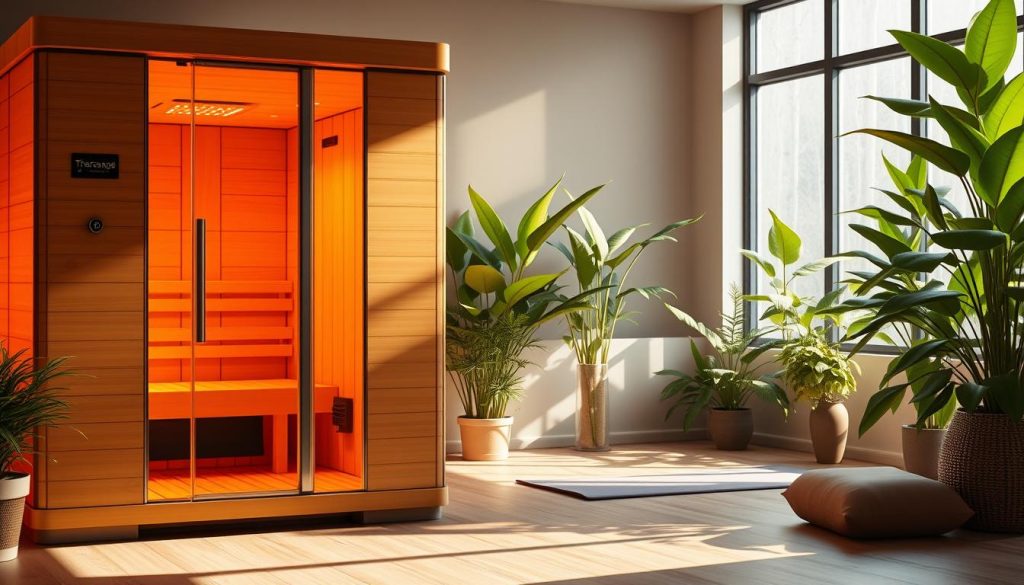 A serene, sun-lit wellness sanctuary. In the foreground, a Therasage infrared sauna bathed in warm, amber light, its sleek, wooden panels inviting relaxation. In the middle ground, a yoga mat and meditation cushion, signifying mindful practice. The background features lush, green plants, radiating a sense of nature's restorative energy. Soft, diffused lighting casts a gentle glow, evoking a tranquil atmosphere. The composition captures the integration of Therasage's innovative infrared technology into a holistic wellness routine, promoting balance, rejuvenation, and a deeper connection with the self.