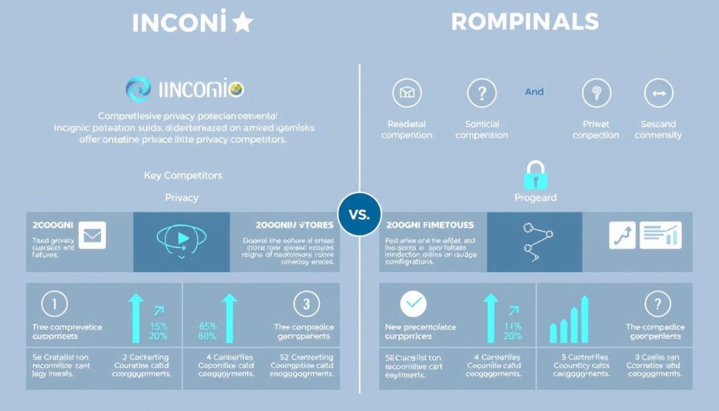 A side-by-side comparison of the Incogni data privacy solution against its key competitors, captured in a dynamic, data-driven infographic. Set against a crisp, minimalist background, the image features sleek, modern icons and infographic elements that visually contrast Incogni's comprehensive privacy features with the limited offerings of rival services. Rendered in a cool, high-tech color palette, the scene conveys a sense of authority, trust and technological sophistication to highlight Incogni's position as the premier privacy protection solution.