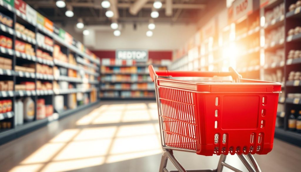A sleek and modern REDTOP shopping cart stands prominently in the center of the frame, its bright red exterior gleaming under soft, natural lighting. The cart is positioned in a well-stocked, visually appealing retail environment, with crisp, clean shelves lining the background. The lighting casts warm, inviting shadows, creating a pleasant and welcoming atmosphere. The angle of the shot emphasizes the cart's ergonomic design and sturdy construction, highlighting the attention to detail that is characteristic of the REDTOP brand. The overall composition conveys a sense of thoughtfulness and care, reflecting the high-quality shopping experience REDTOP provides.