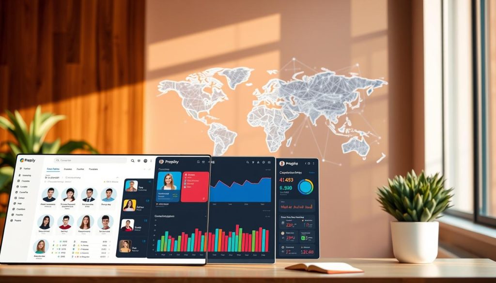 A sleek and modern platform interface showcasing Preply's key features. In the foreground, a clean and intuitive dashboard displaying student profiles, lesson scheduling, and communication tools. In the middle ground, dynamic visualizations highlighting Preply's language learning analytics and progress tracking. The background depicts a vibrant global network, representing Preply's international community of tutors and students. The scene is bathed in warm, natural lighting, conveying a sense of welcoming and productivity. The overall composition strikes a balance between functionality and aesthetics, reflecting Preply's commitment to empowering users on their educational journeys.