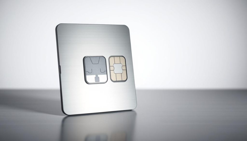 A sleek, metallic eSIM card against a clean, minimalist background, illuminated by soft, directional lighting to highlight its intricate security features. The card's surface reflects the light, creating a sense of depth and texture. In the foreground, a semi-transparent overlay showcases the eSIM's secure authentication mechanisms, such as embedded microchips and anti-tampering measures. The middle ground features a subtle grid pattern or circuit board design, symbolizing the robust digital infrastructure that powers the eSIM technology. The background subtly fades into a muted, gradient-based color scheme, creating a premium, high-tech aesthetic.