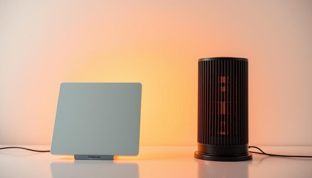 A sleek, minimalist comparison of two infrared devices. In the foreground, a Therasage infrared panel with a modern, streamlined design. Placed alongside, a traditional bulky infrared lamp, highlighting the advanced, space-saving form factor of the Therasage. The devices are bathed in a warm, natural light, capturing the therapeutic glow of infrared energy. The background is clean and uncluttered, allowing the products to take center stage. The overall scene conveys a sense of technological innovation and wellness, subtly guiding the viewer to appreciate the Therasage's superiority over conventional infrared solutions.