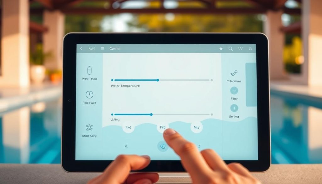 A sleek, minimalist pool control interface displayed on a modern, touch-responsive tablet device. The foreground features intuitive icons and sliders for managing pool functions like water temperature, filter, and lighting. The middle ground showcases a clean, uncluttered layout with clear labels and natural language commands. The background is a blurred, panoramic view of a serene, sun-dappled pool area, conveying a sense of calm and relaxation. Warm, gentle lighting bathes the entire scene, creating a welcoming, user-friendly atmosphere. The overall impression is of a polished, easy-to-use system that seamlessly integrates pool management into a digital, touch-driven experience.
