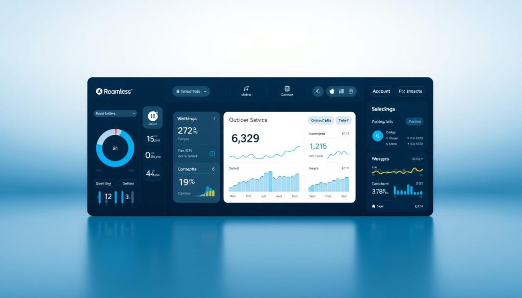 A sleek, modern dashboard interface for the Roamless app, showcasing intuitive data management tools. In the foreground, a large central display highlights real-time connectivity status, device information, and usage analytics. Surrounding this, a series of crisp, minimalist widgets provide quick access to settings, account details, and connectivity history. The dashboard is bathed in a cool, calming color palette of blues and grays, creating a professional, user-friendly atmosphere. Subtle lighting effects and reflections add depth and polish, while the layout is clean and uncluttered, allowing the data to take center stage. An overall sense of control and organization permeates the scene, reflecting the core functionality of the Roamless app.