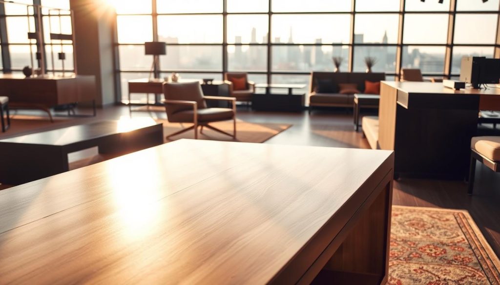 A sleek, modern furniture showroom with meticulously crafted, Coohom-designed pieces on display. The foreground features a well-lit, minimalist wooden table with clean lines and a smooth glossy finish. In the middle ground, a stylish armchair with plush upholstery and a geometric metal frame sits prominently. The background showcases large windows overlooking a city skyline, bathing the scene in warm, natural light. The overall atmosphere conveys a sense of refined elegance and design sophistication.