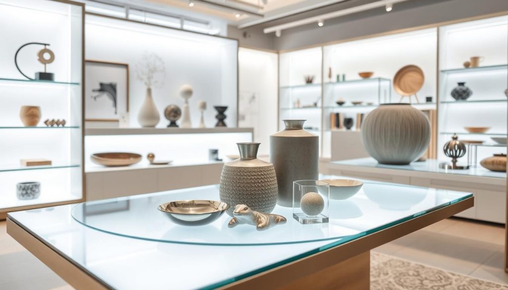 A sleek, modern light box display showcases a variety of unique home decor and accessories. The foreground features an elegant glass-topped table with carefully curated items such as minimalist vases, metallic trinket dishes, and decorative stone sculptures, all illuminated by the soft, diffused glow of the light box. The middle ground shows a clean, minimalist backdrop of white shelves or ledges, allowing the products to take center stage. The background suggests a bright, airy space with large windows letting in natural daylight, creating a warm, inviting atmosphere. The overall scene conveys a high-end, luxurious shopping experience with a focus on thoughtfully designed, affordable home furnishings.